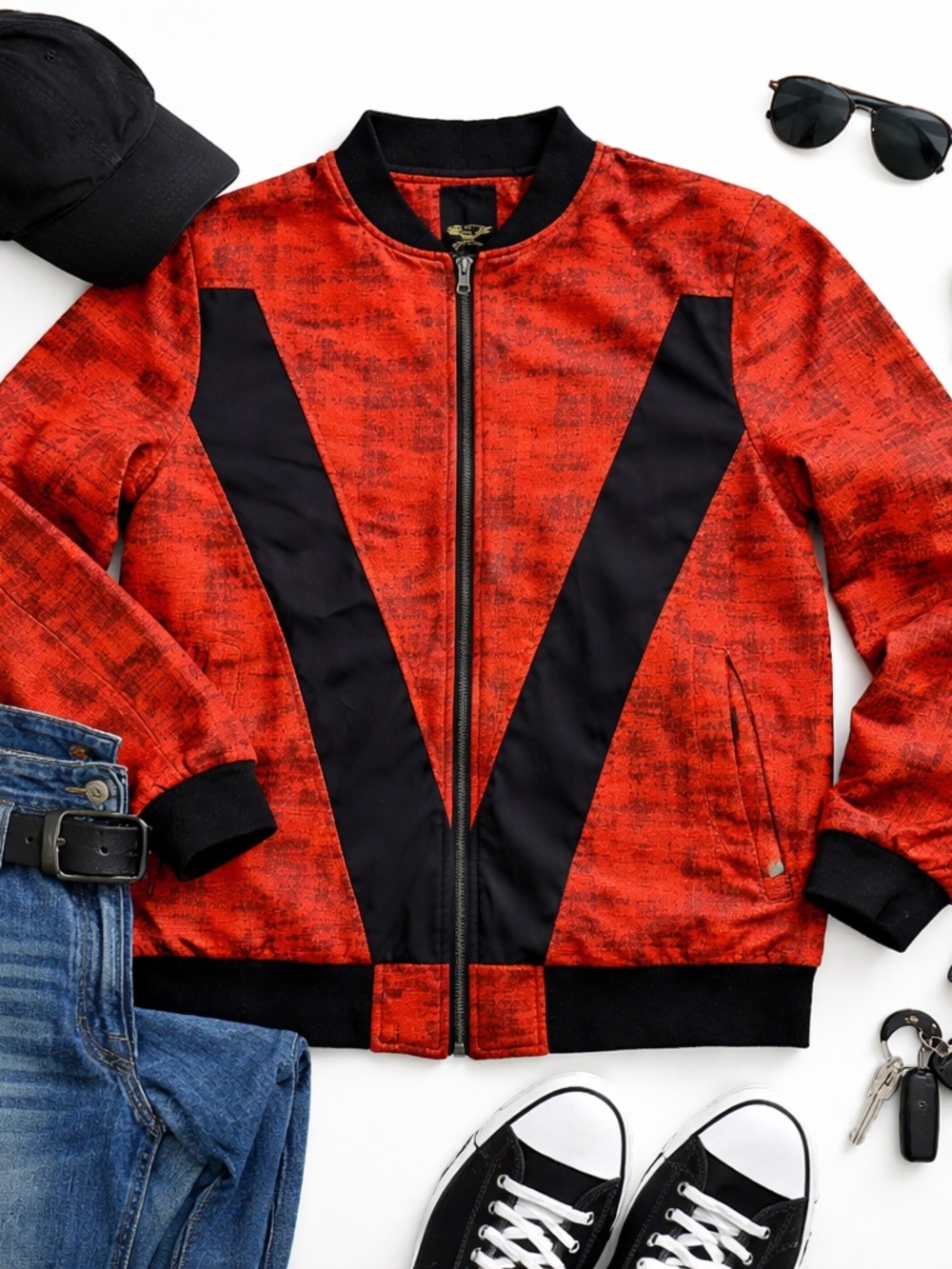 Platini Orange Red Black Bomber Jacket Zip Up Textured Streetwear Men’s L FLAW